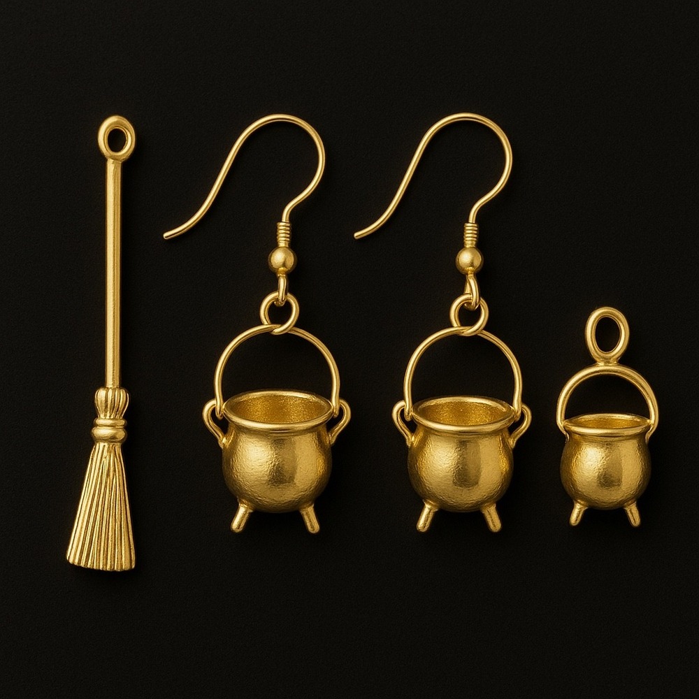 Gold‎ Tone Bundle Witch Broom Cauldron Dangle Earrings Set Magical Fantasy